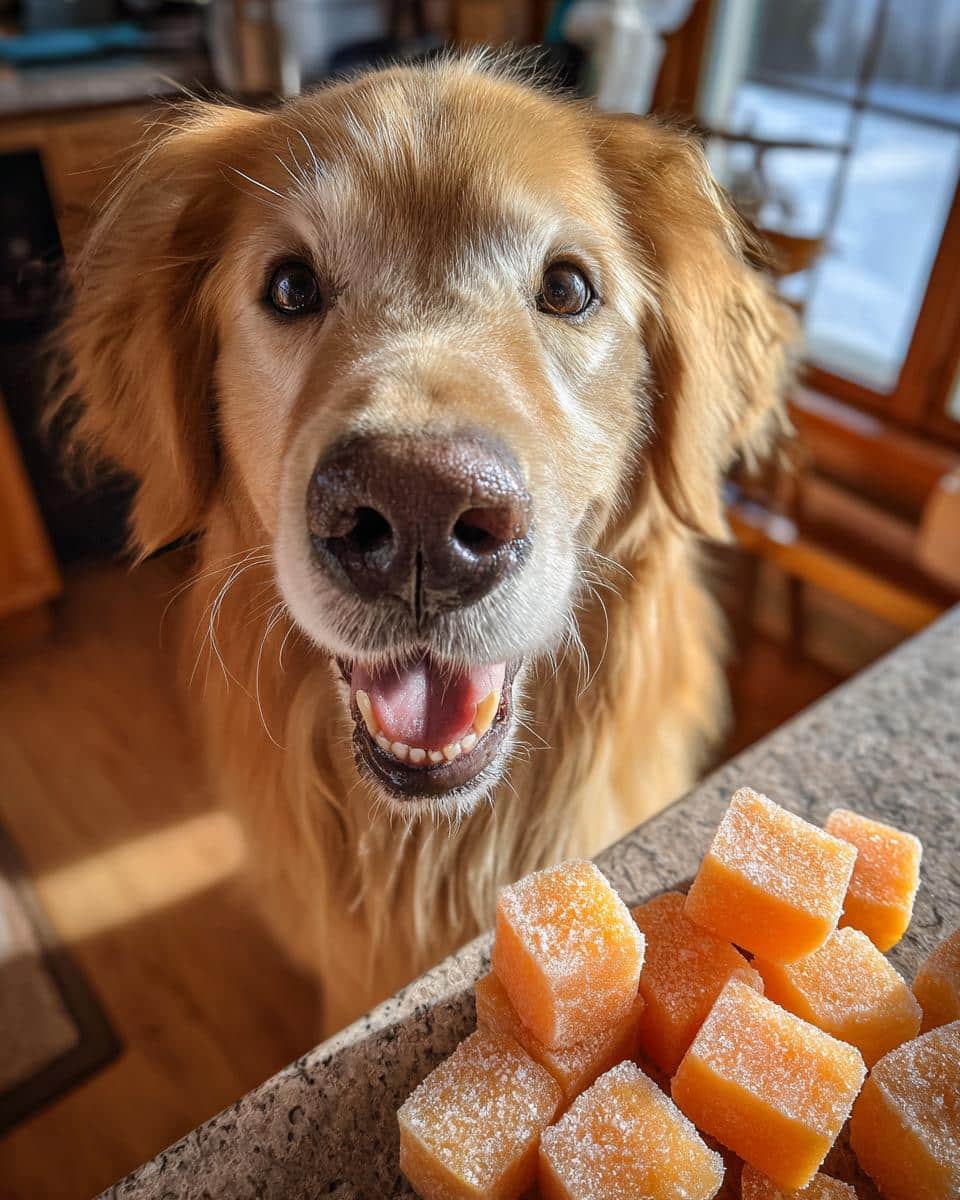 Golden retriever dog smiling with a tray of Frozen Carrot & Apple Cubes – Recipe for Dogs.