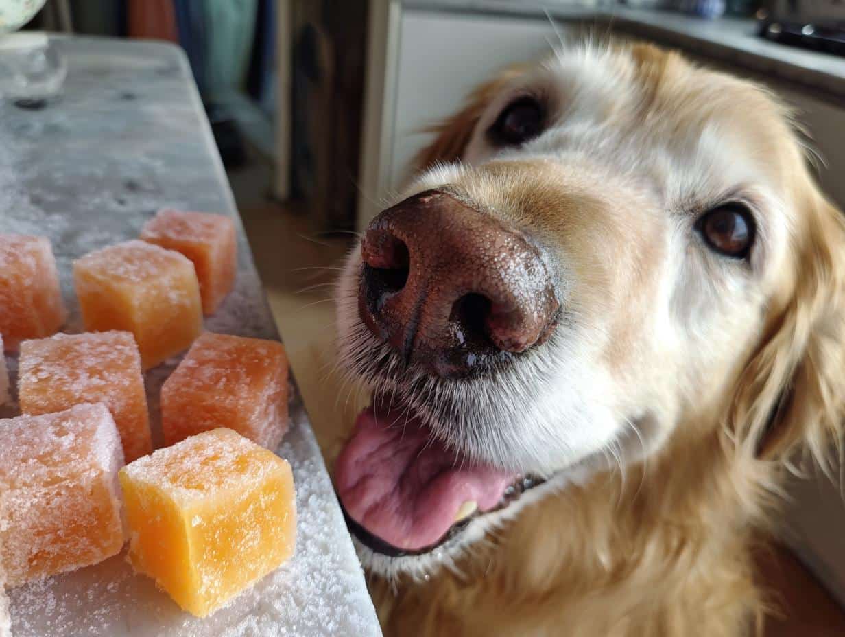 Golden Retriever dog eagerly awaits Frozen Carrot & Apple Cubes. Homemade treat for dogs.
