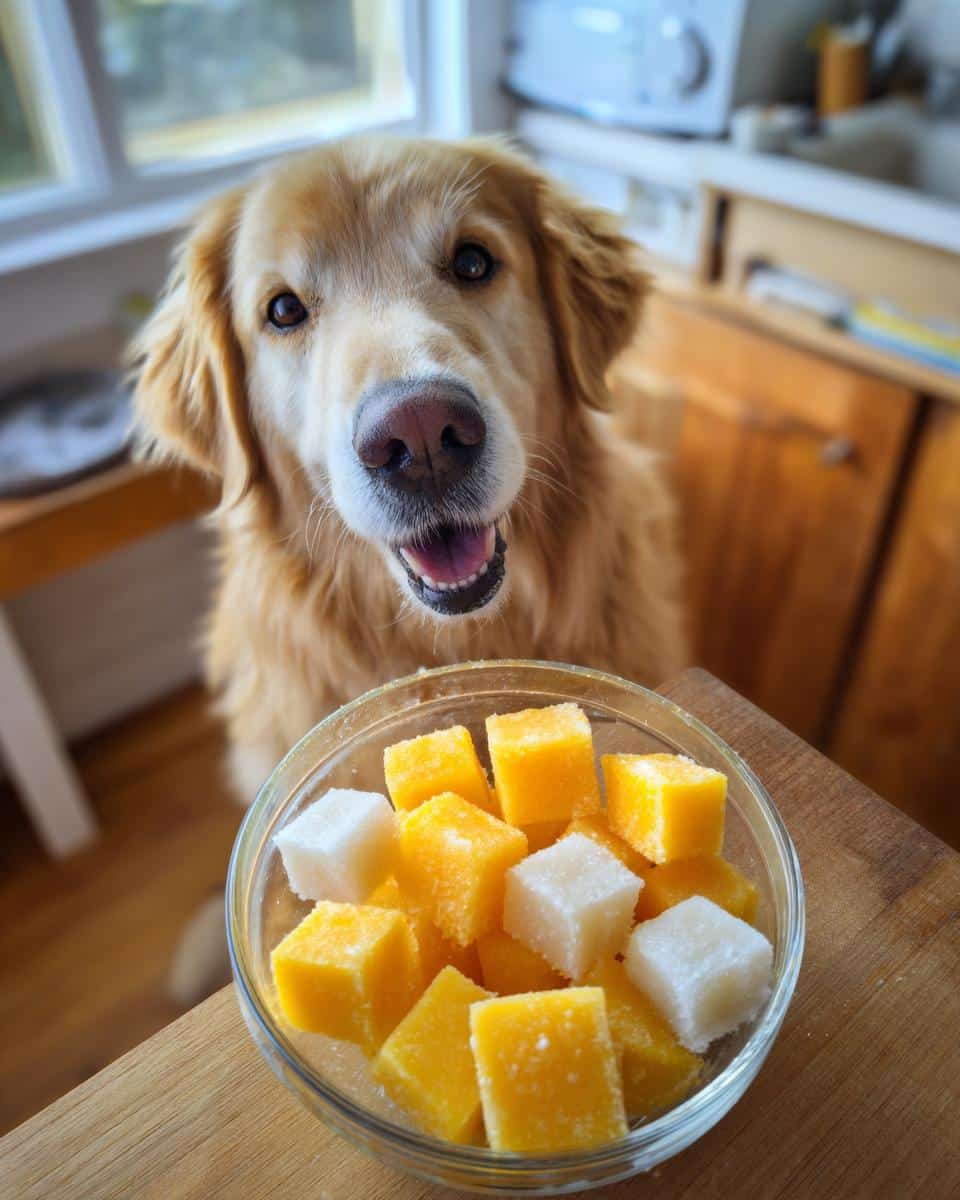 Golden retriever looking eagerly at a bowl of Frozen Coconut Mango Cubes, a tasty treat for dogs.