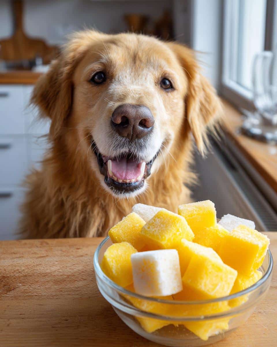 Golden retriever looking at a bowl of Frozen Coconut Mango Cubes, a tasty treat for dogs.