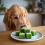Golden retriever dog intently looking at a plate of Frozen Cucumber Cubes, a tasty treat for dogs.