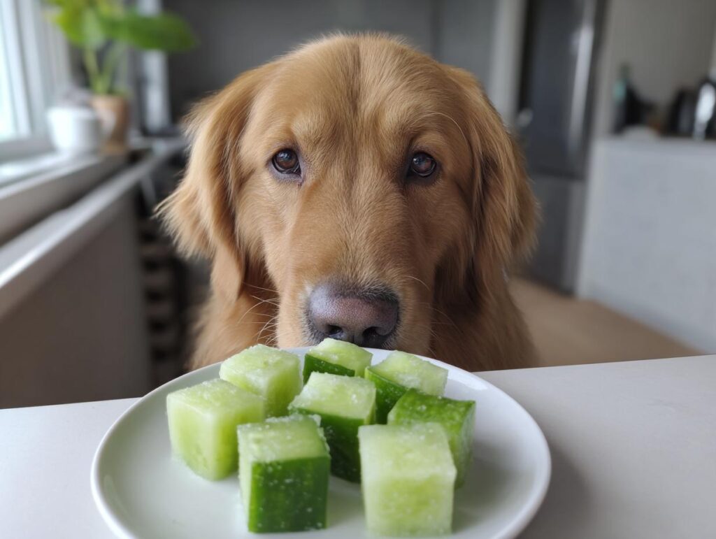 Golden retriever looking at a plate of Frozen Cucumber Cubes. Recipe for Dogs.