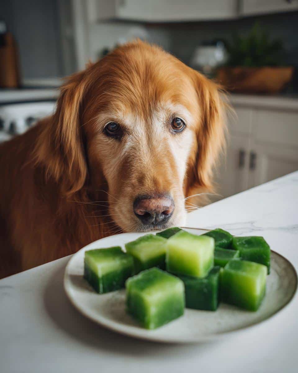 Golden retriever looking longingly at a plate of Frozen Cucumber Cubes – Recipe for Dogs.