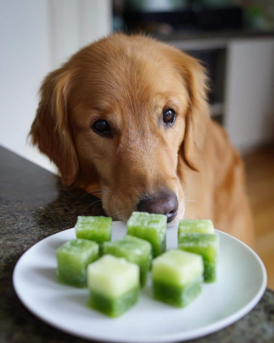 Golden Retriever dog looking at a plate of Frozen Cucumber Cubes, a healthy recipe for dogs.