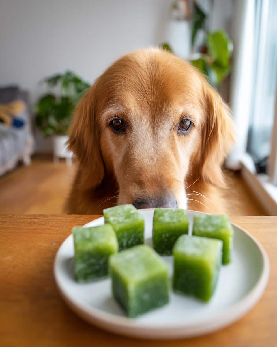 Golden retriever looking at a plate of Frozen Cucumber Cubes, a healthy treat for dogs.