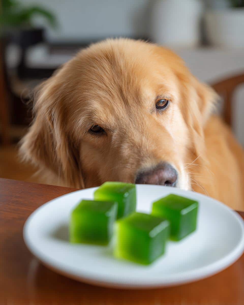 Golden Retriever dog looking at a plate of Frozen Cucumber Cubes – Recipe for Dogs.