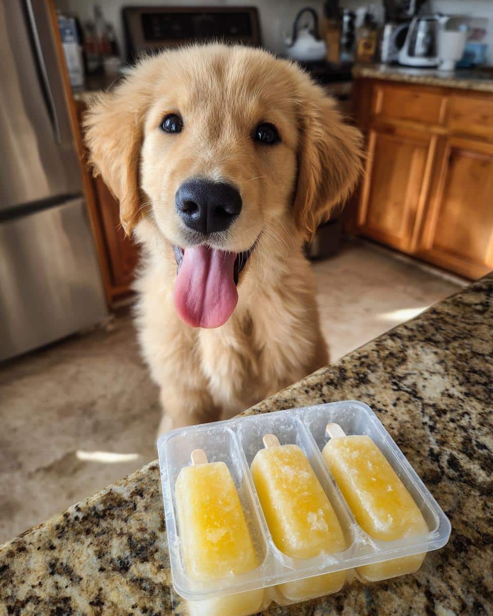 Golden retriever puppy looking at Frozen Pineapple Popsicles – Recipe for Dogs in a container on a kitchen counter.