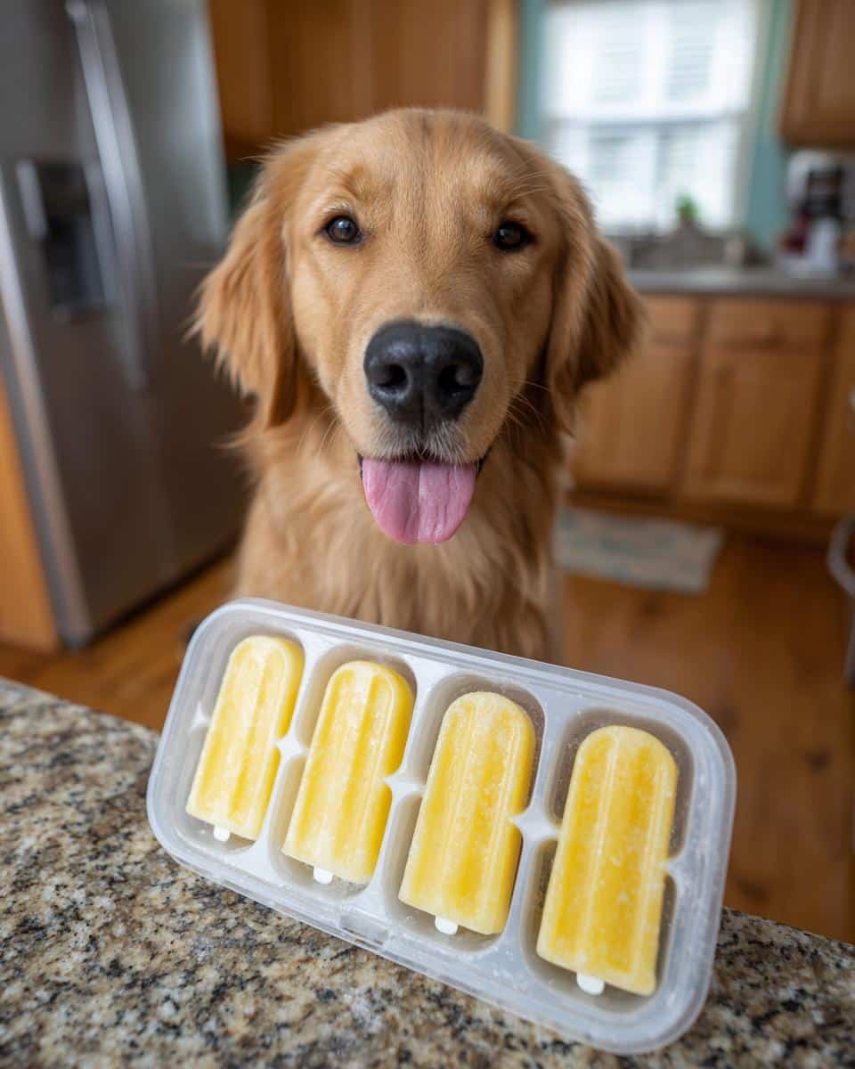Golden retriever looking at the camera with Frozen Pineapple Popsicles for Dogs in the foreground.