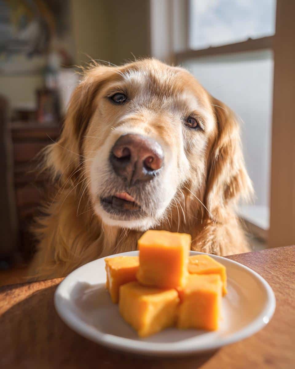 Golden retriever looking at a plate of Frozen Pumpkin Yogurt Bites, ready to enjoy a tasty treat.