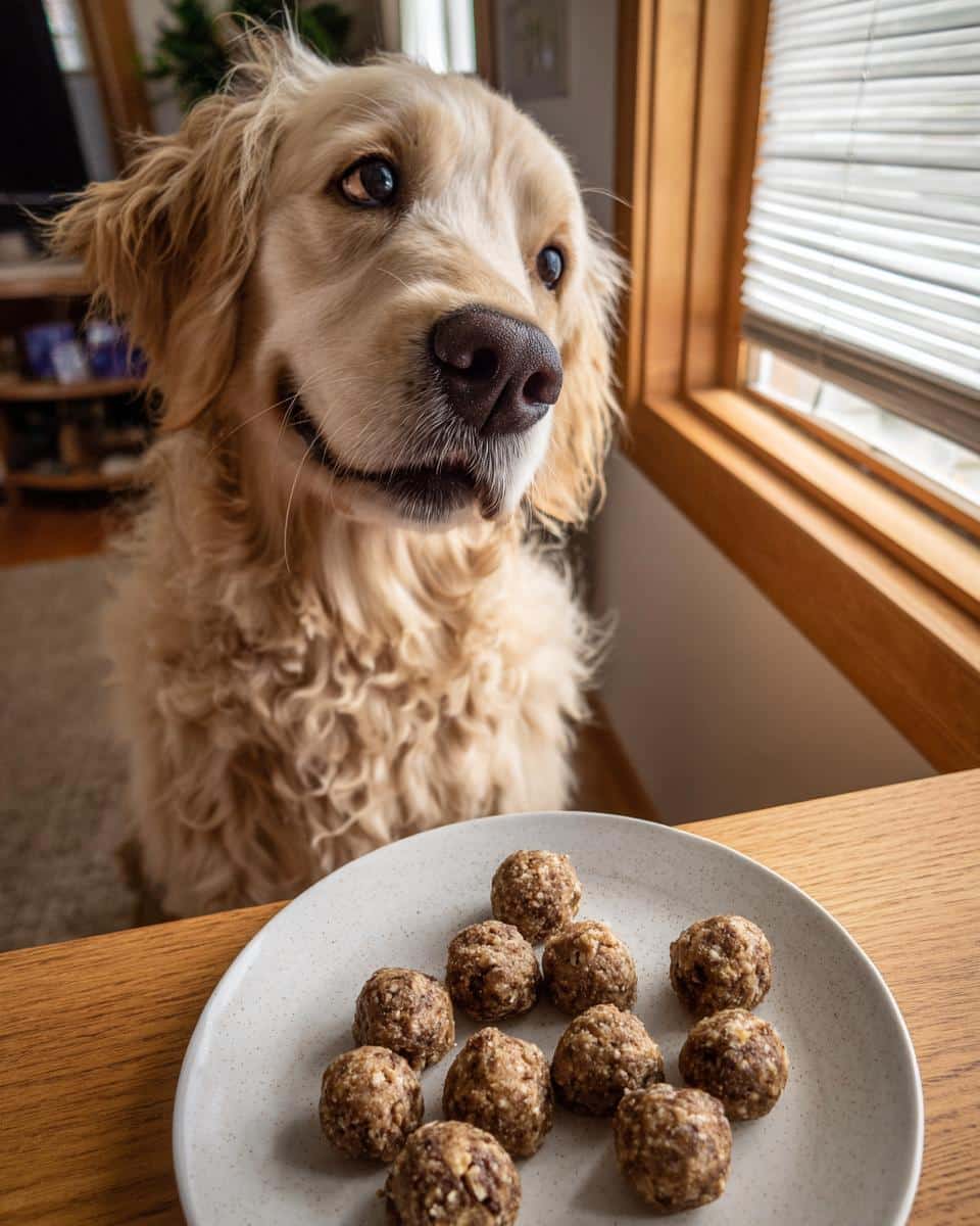 Golden retriever looking longingly at a plate of Frozen Pumpkin Yogurt Bites – Recipe for Dogs.