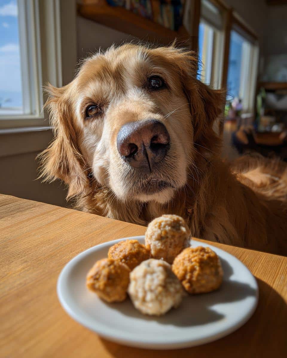 Golden retriever looking at a plate of Frozen Pumpkin Yogurt Bites. Dog treats for a recipe.