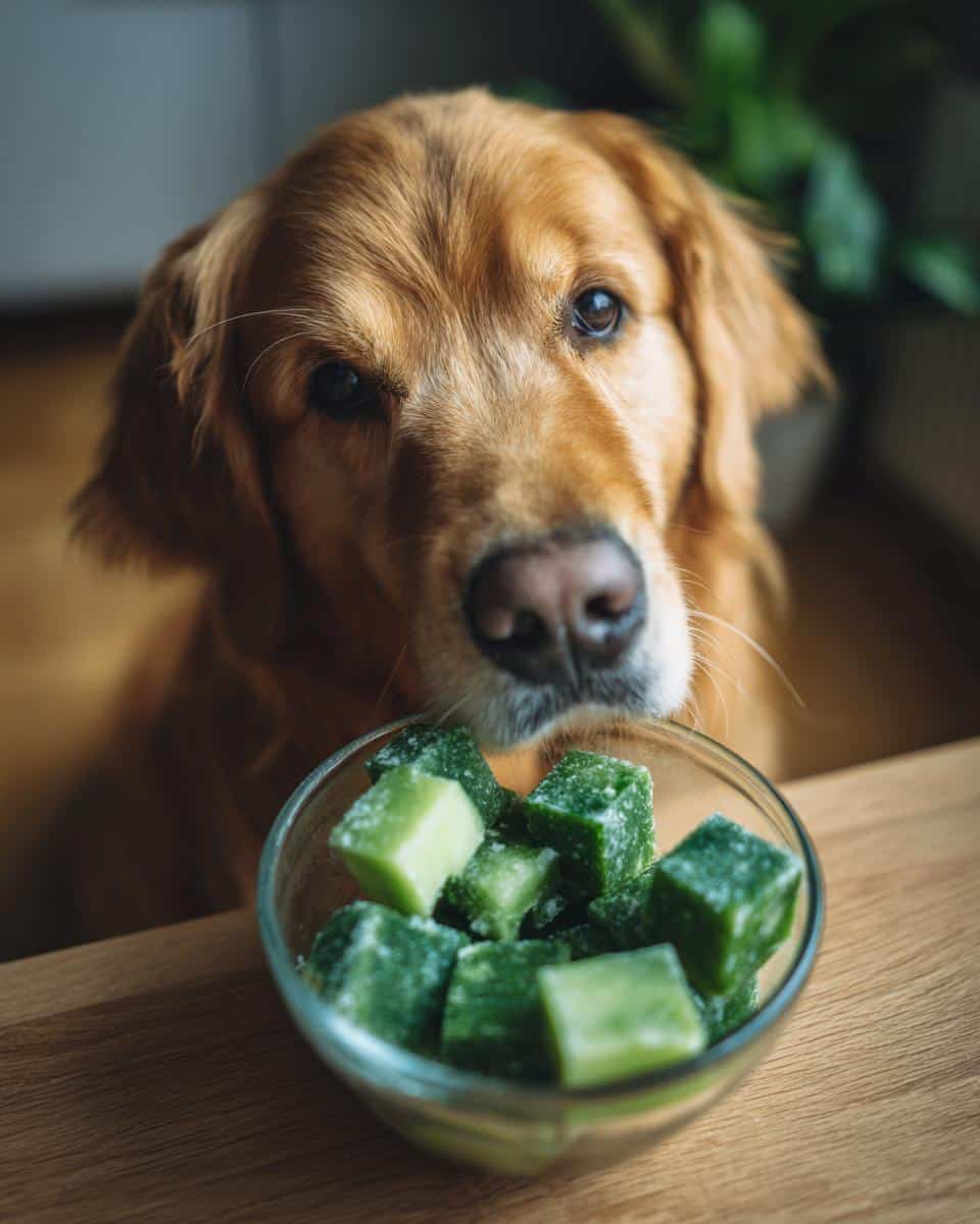 Golden retriever looking at a bowl of Frozen Spinach & Apple Cubes – Recipe for Dogs.