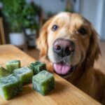 Golden retriever looking at Frozen Spinach & Apple Cubes dog treats on a wooden surface, ready to eat them.