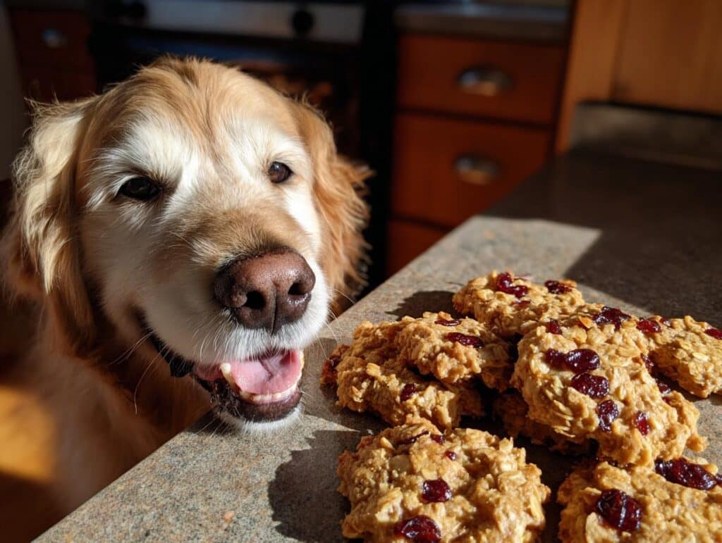 Golden Retriever looking at a pile of Frozen Strawberry Yogurt Pops dog treats on a counter.