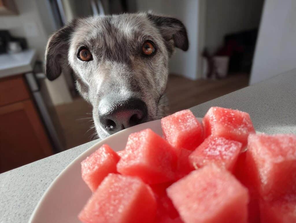 A dog gazes longingly at a plate of Frozen Watermelon Cubes, a tasty treat for dogs.