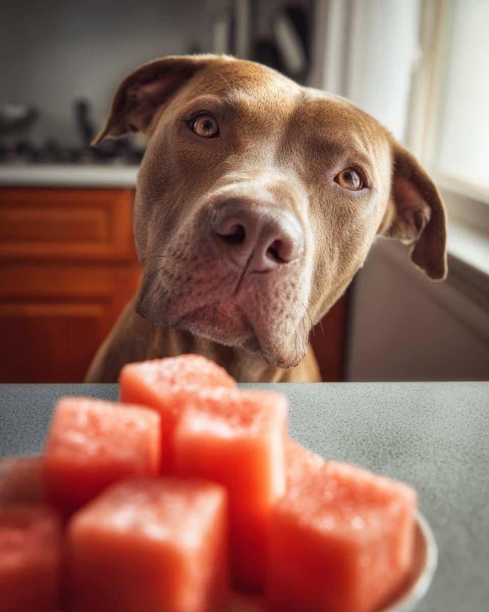 A dog looks longingly at a plate of Frozen Watermelon Cubes, a delicious and healthy treat.
