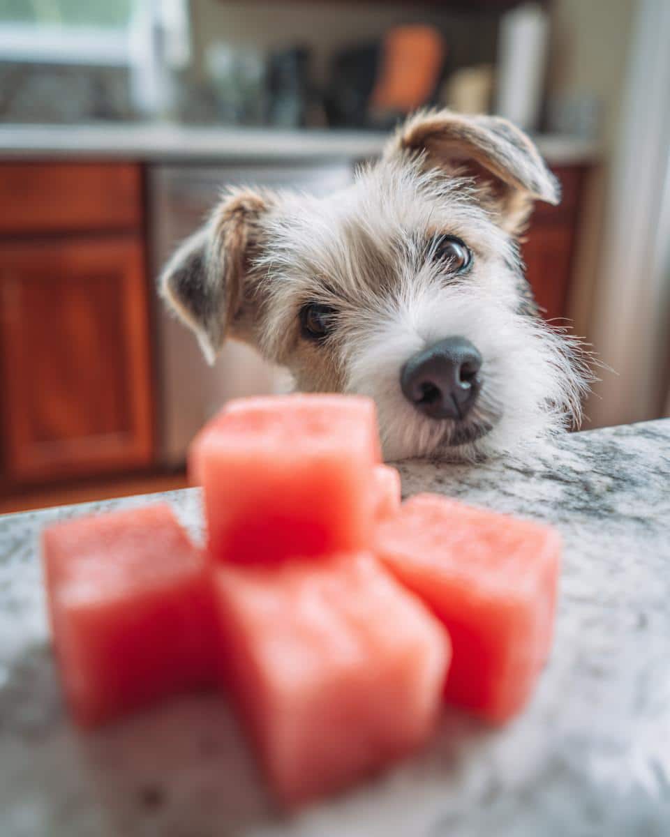 A cute dog looks longingly at a pile of Frozen Watermelon Cubes on a kitchen counter.