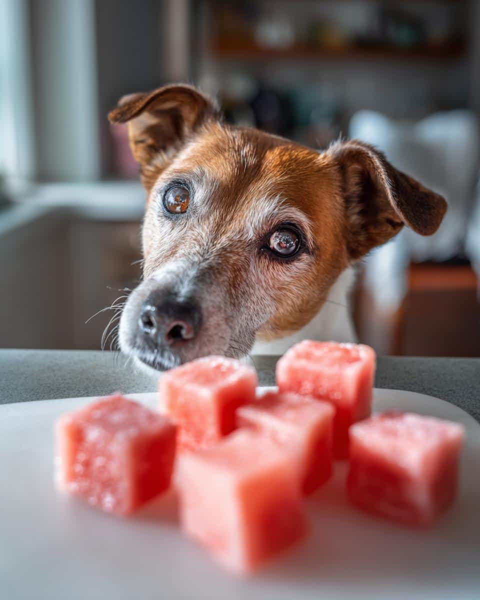 A cute dog gazes at a plate of Frozen Watermelon Cubes, a healthy and refreshing treat for dogs.