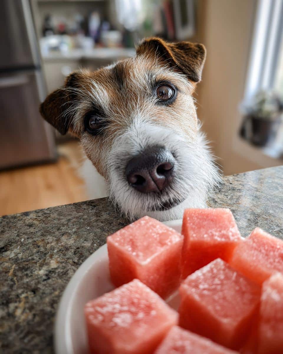 A cute dog looks longingly at a plate of Frozen Watermelon Cubes, a tasty treat for dogs.