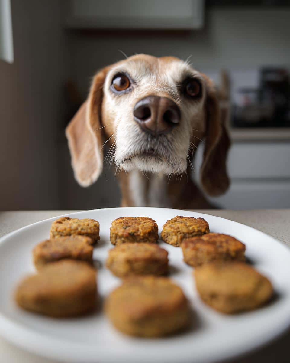 A dog gazes longingly at a plate of Green Bean & Chicken Patties, a recipe for dogs.