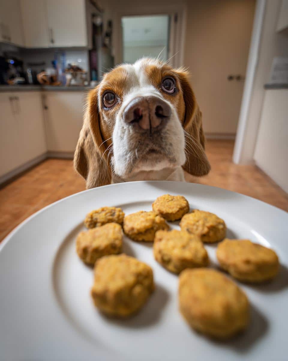 Dog eagerly looks at a plate of Green Bean & Chicken Patties. Recipe for dogs.