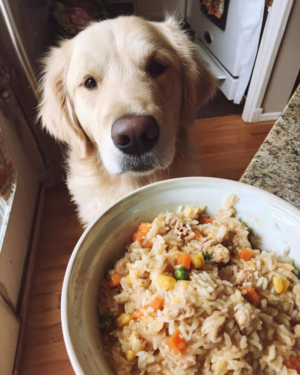 Golden retriever looking longingly at a bowl of Ground Turkey & Rice Easy Dog Recipe.