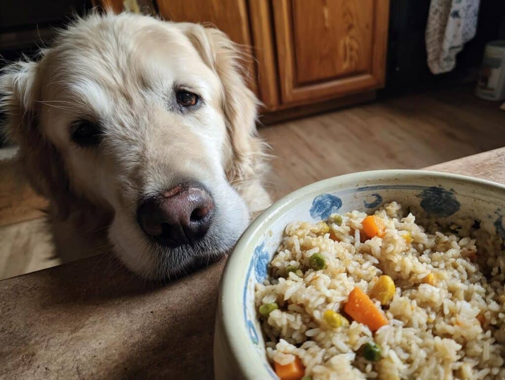Golden retriever looking longingly at a bowl of Lamb & Rice Stew – Recipe for Dogs.