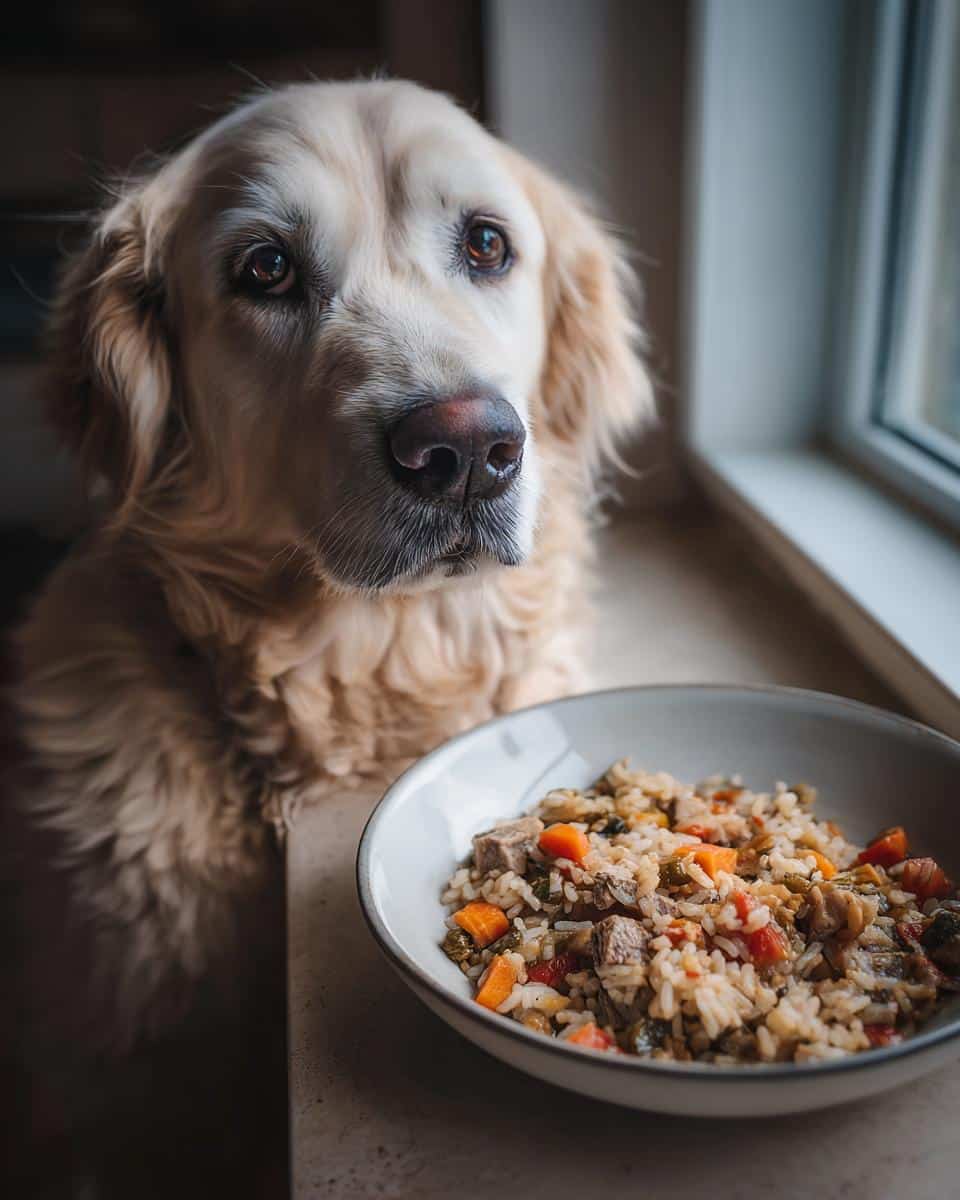 Golden retriever looking longingly at a bowl of Lamb & Rice Stew – Recipe for Dogs.