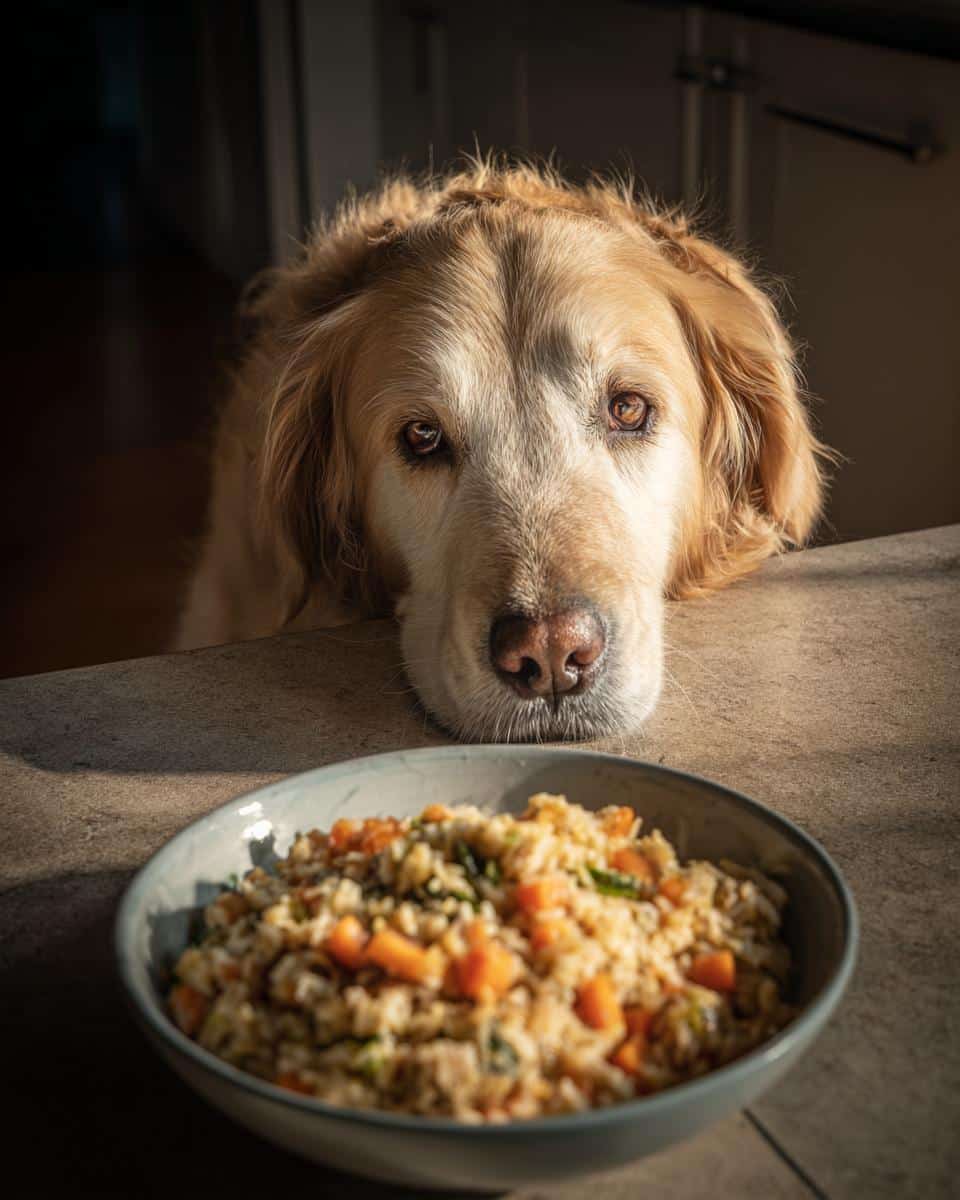 Golden Retriever dog longingly looking at a bowl of Lamb & Rice Stew – Recipe for Dogs.