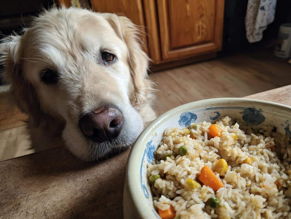 Golden retriever looking longingly at a bowl of Lamb & Rice Stew – Recipe for Dogs.