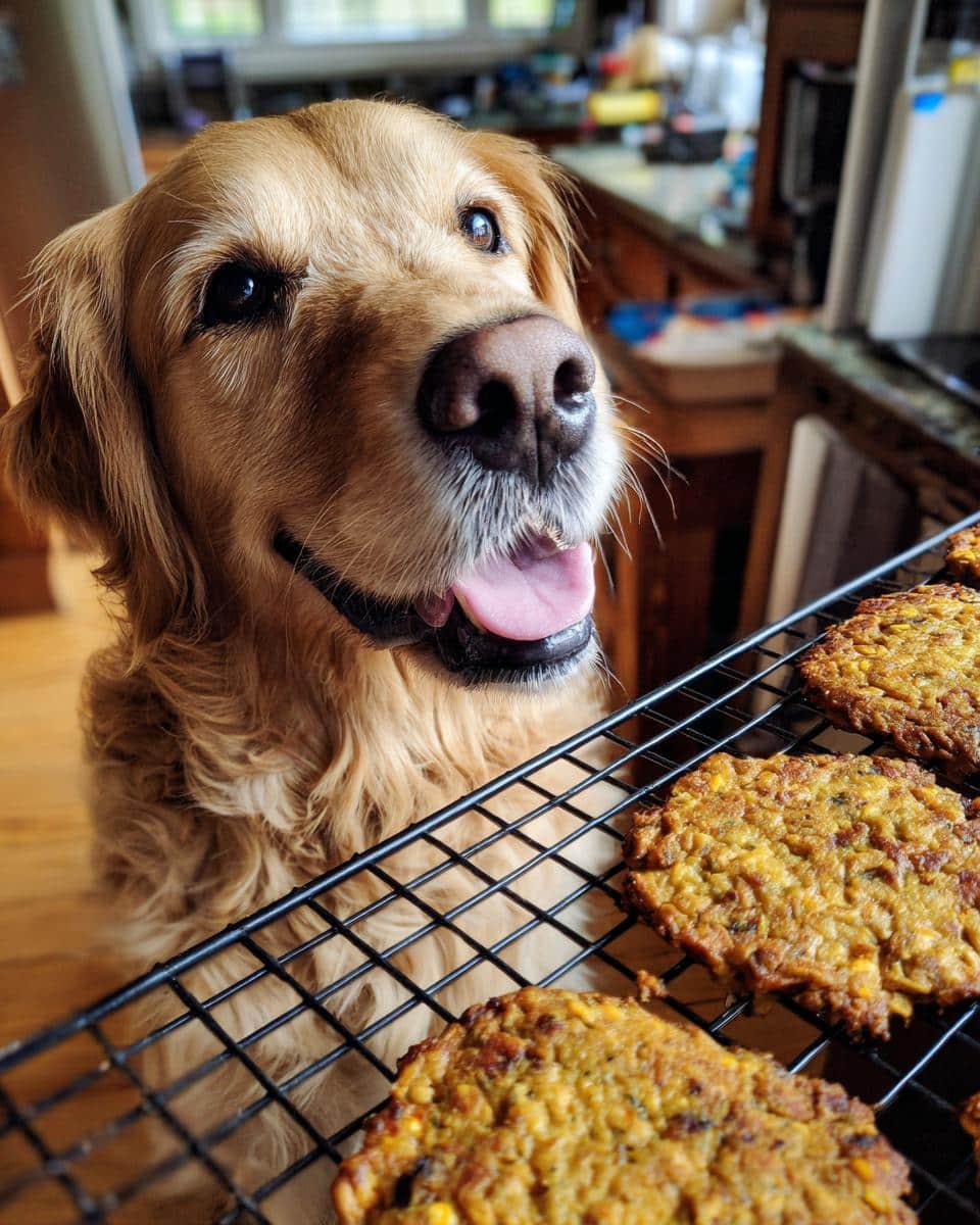 A golden retriever looks longingly at a cooling rack of freshly baked Lentil & Veggie Patties – Recipe for Dogs.