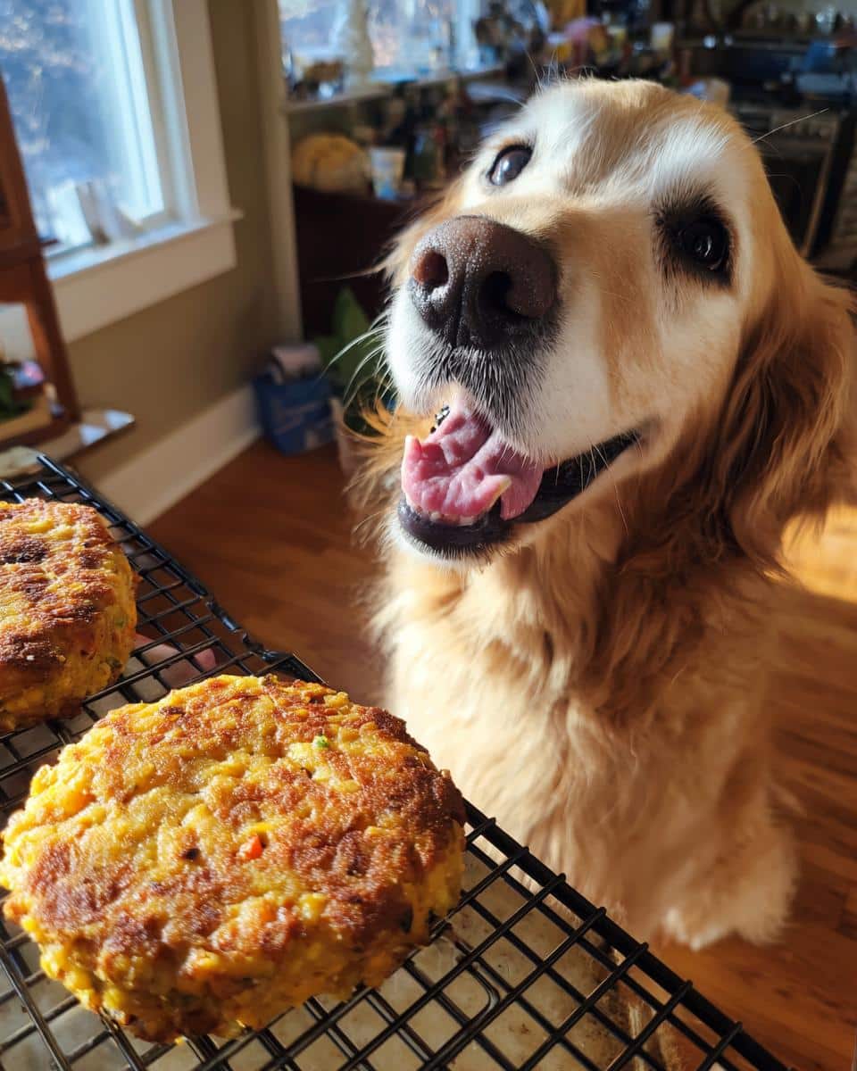 Golden retriever eagerly awaits Lentil & Veggie Patties cooling on a rack, ready for a tasty dog treat.