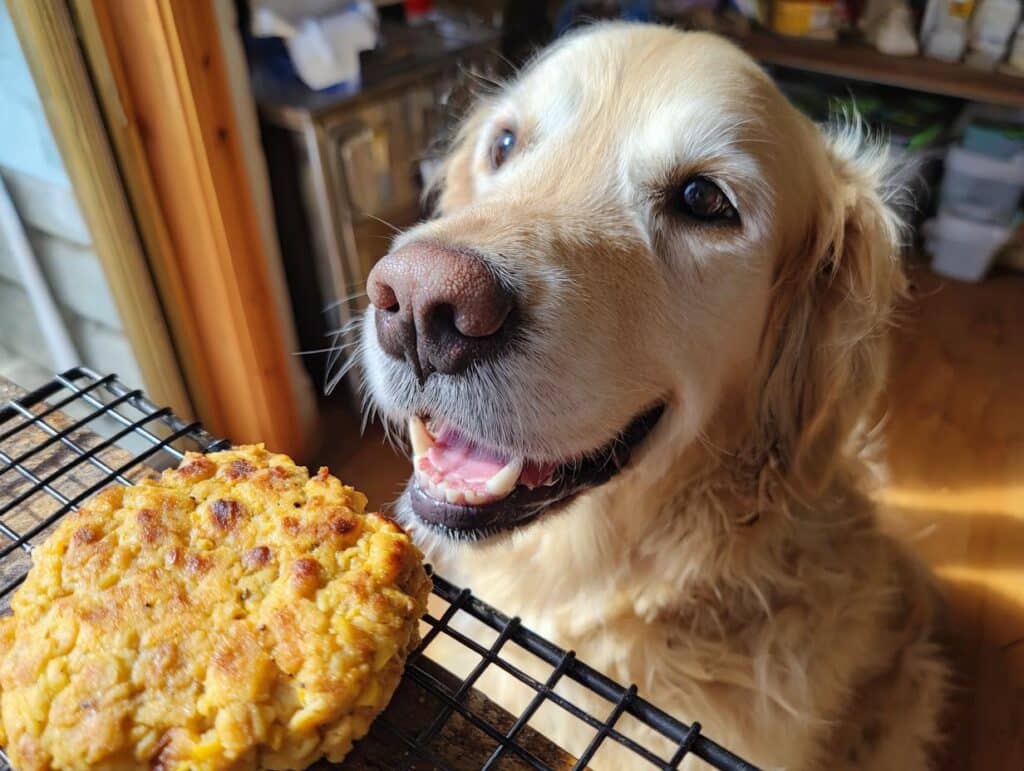 Golden retriever looking longingly at a Lentil & Veggie Patties – Recipe for Dogs cooling on a rack.