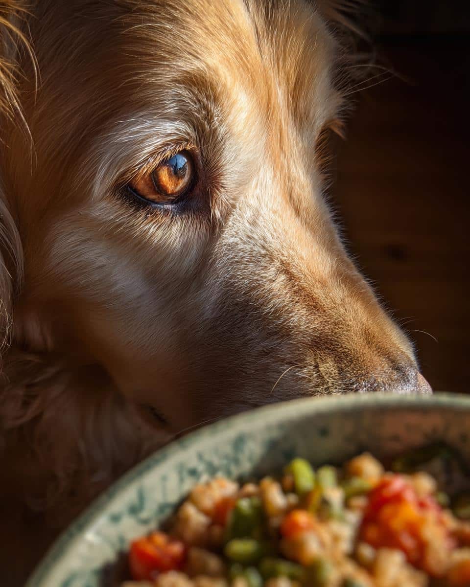 Golden retriever looking longingly at a bowl of Crockpot Salmon & Veggies Dog Food.