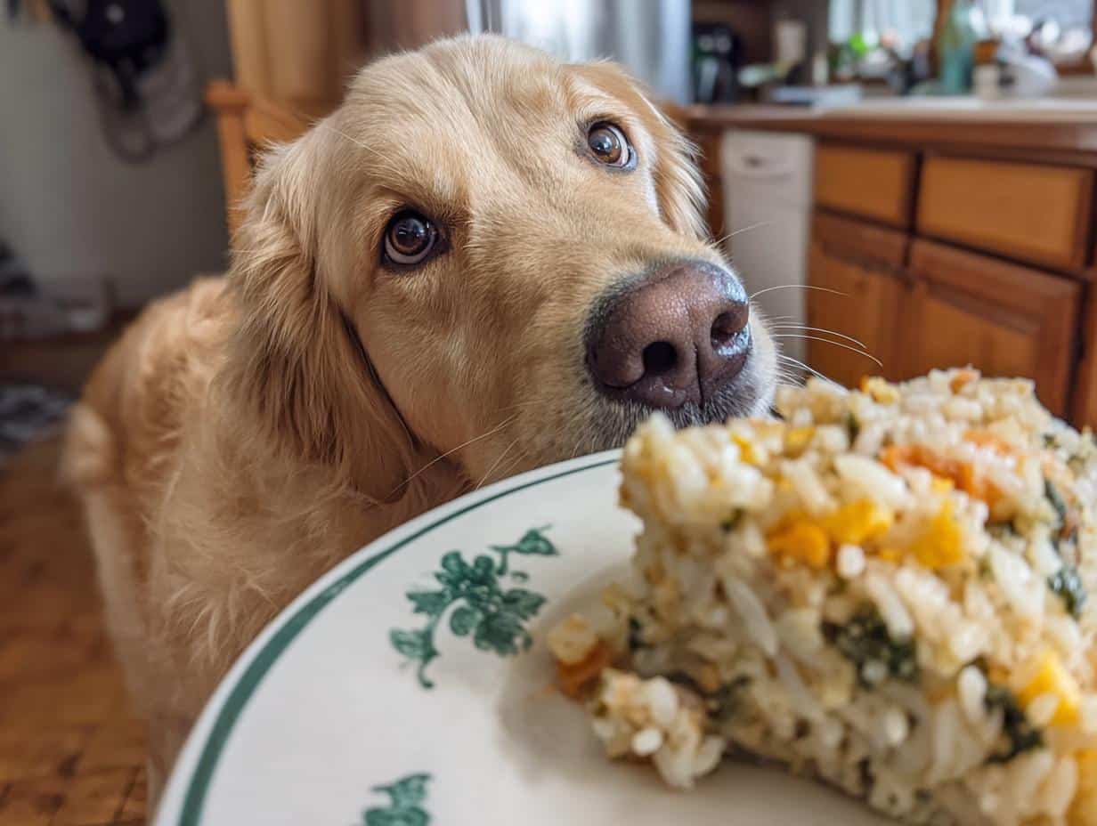 A golden retriever looks longingly at a plate of Egg & Spinach Vet-Approved Dog Food.