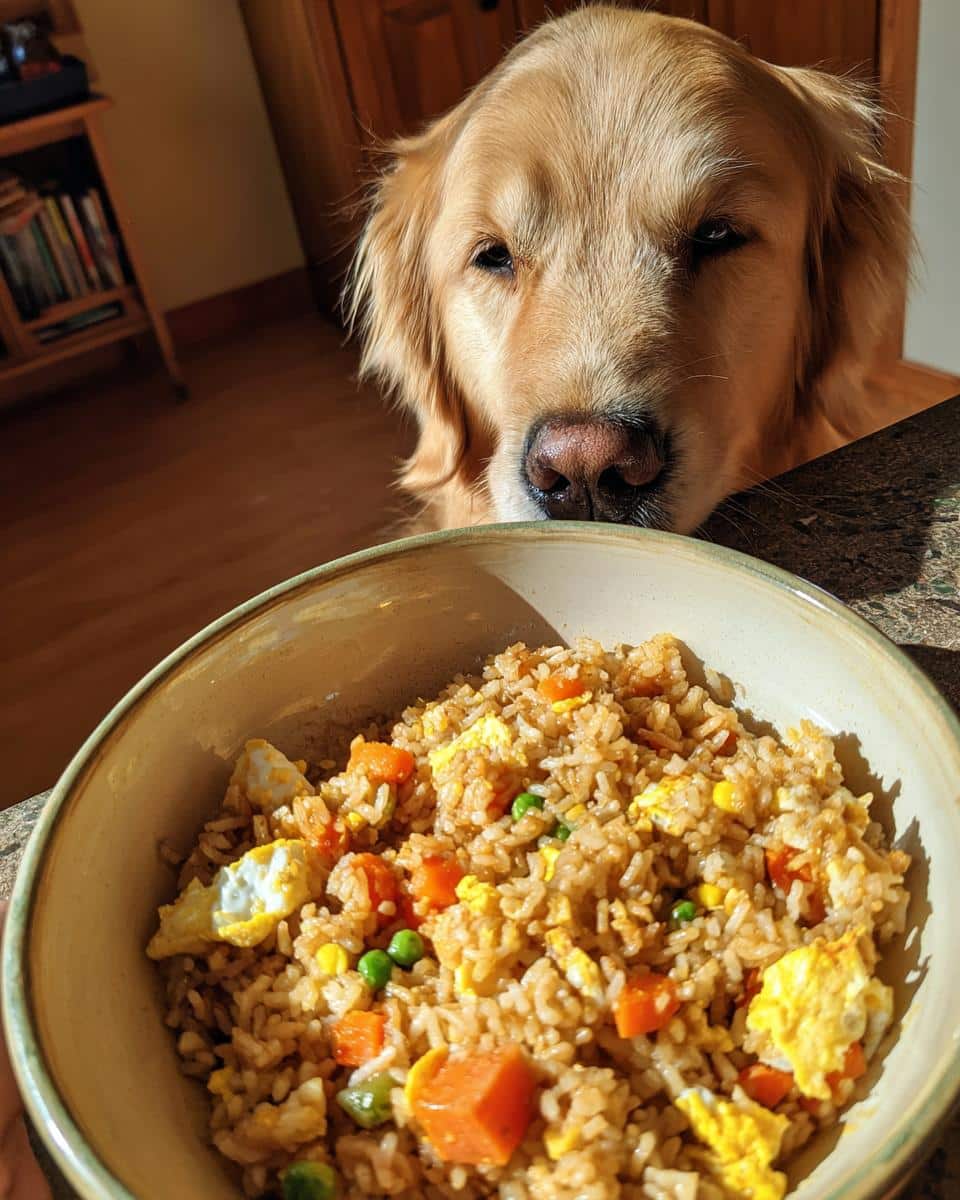 Golden Retriever dog looking longingly at a bowl of Egg & Veggie Dog Food with rice, carrots, peas, and eggs.