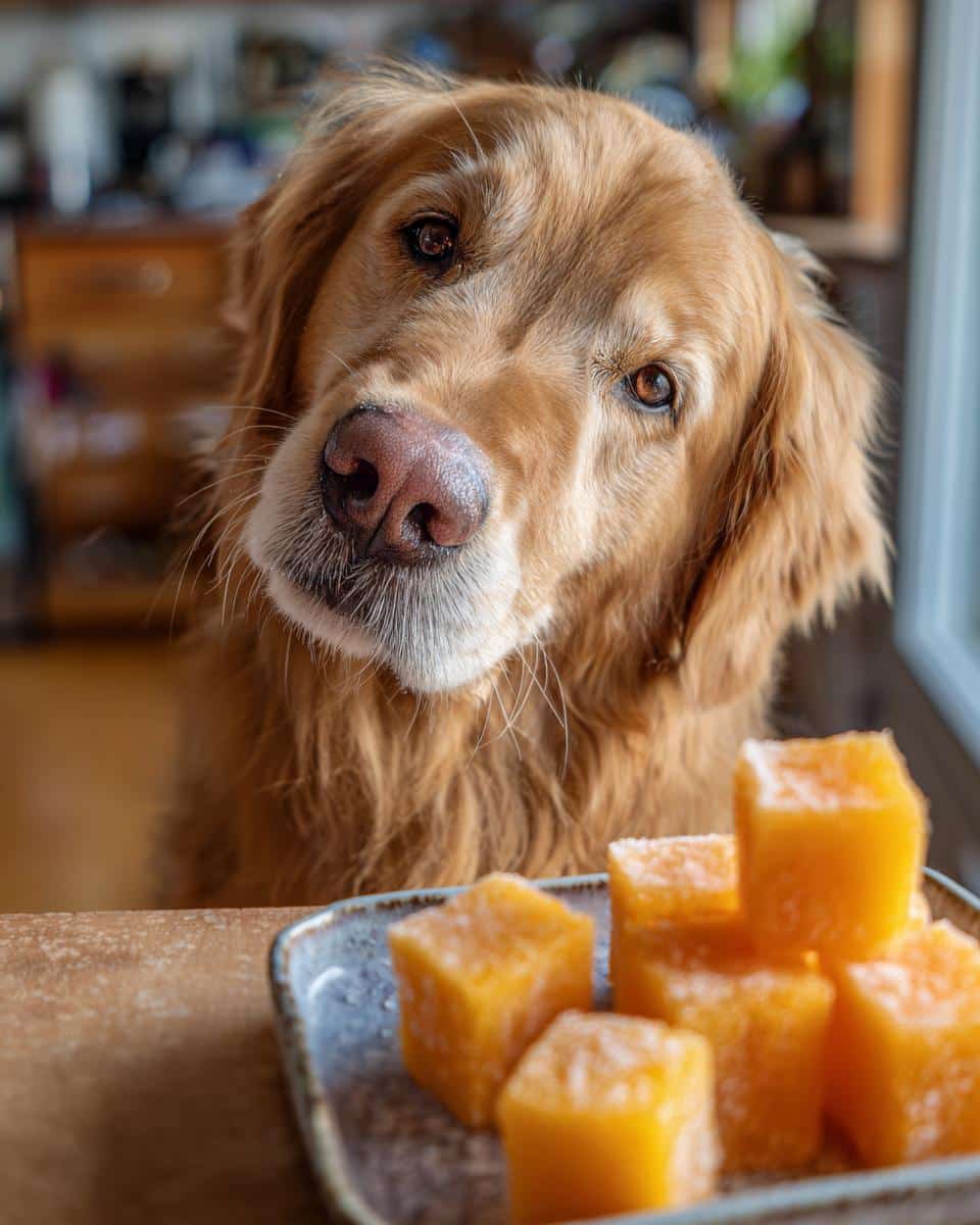 Golden retriever looking at Mango Frozen Smoothie Cubes. Recipe for Dogs.