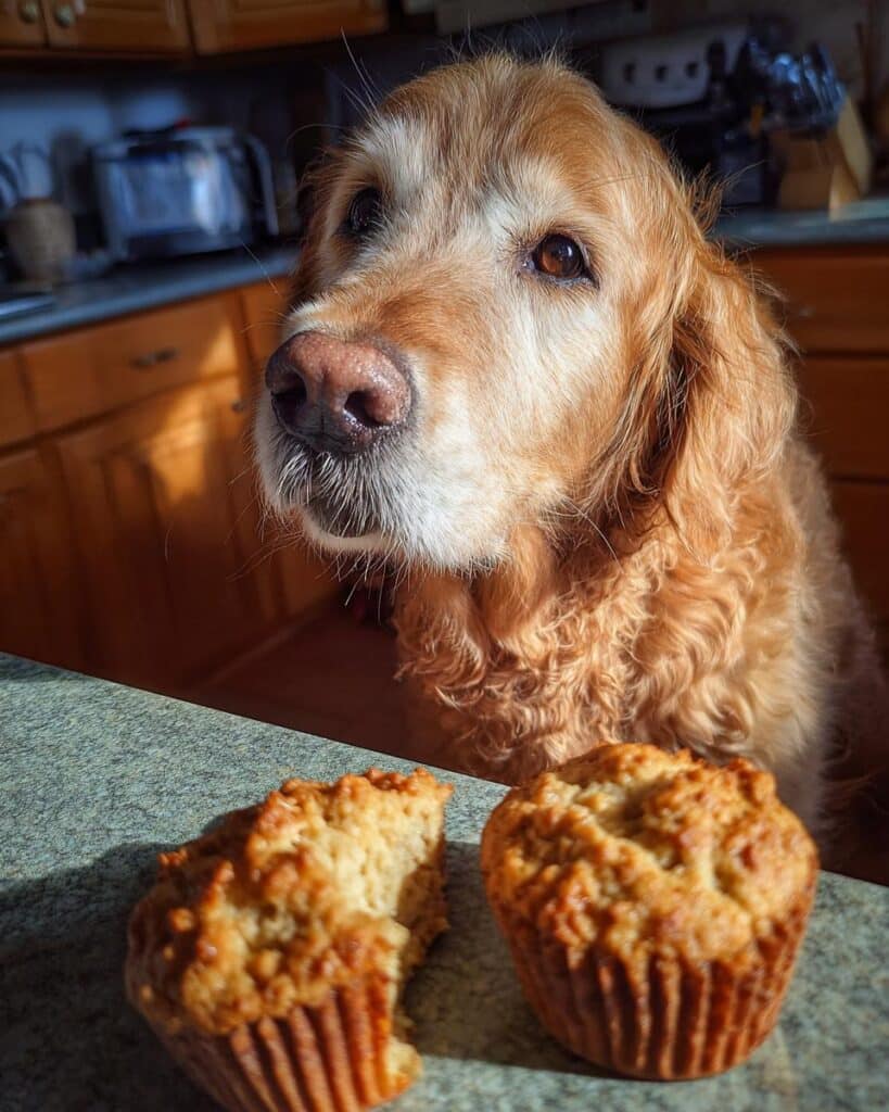 Golden Retriever looking at Oatmeal Apple Cinnamon Muffins – Recipe for Dogs on a kitchen counter.