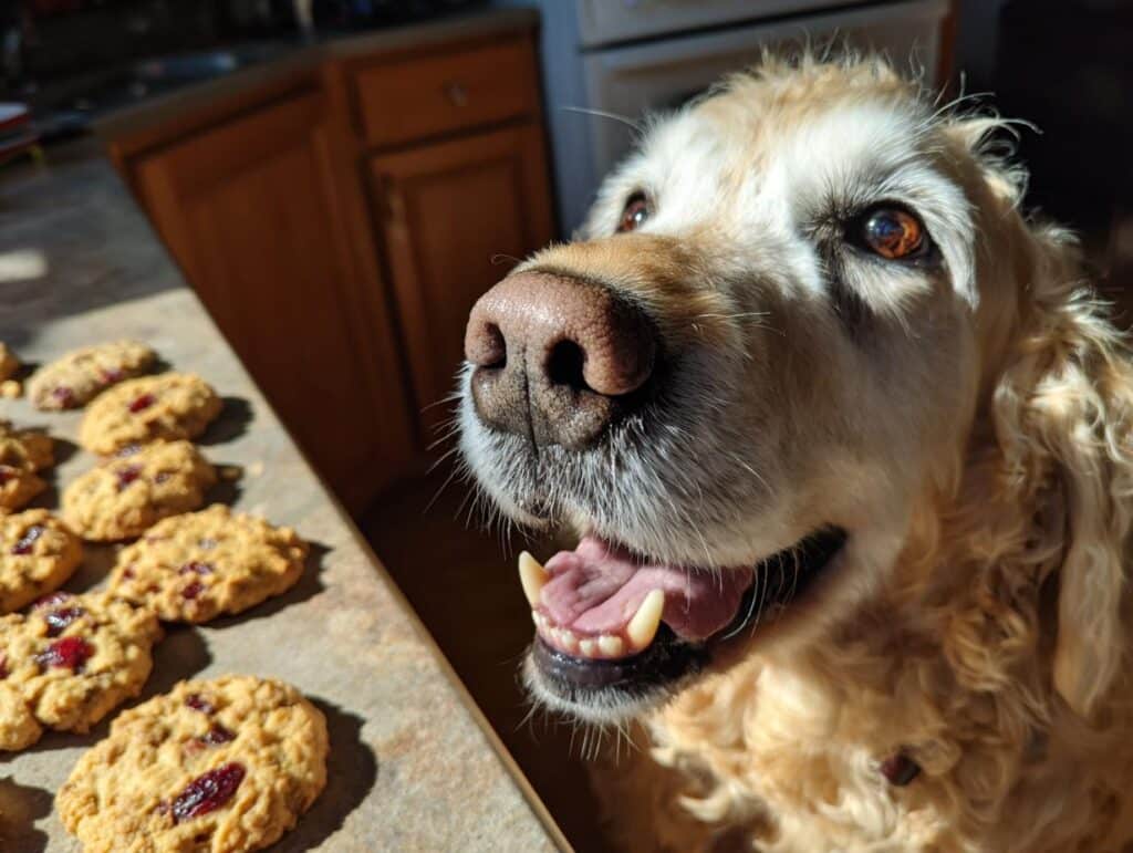 Close-up of a dog looking at a tray of Oatmeal Cranberry Cookies, ready to enjoy a treat.
