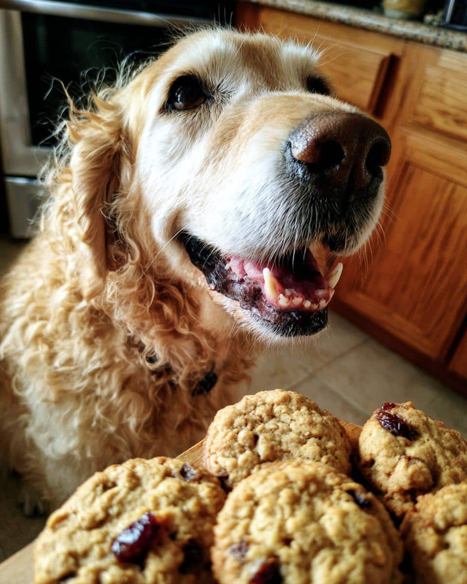 Golden retriever dog looking eagerly at a plate of Oatmeal Cranberry Cookies – Recipe for Dogs.