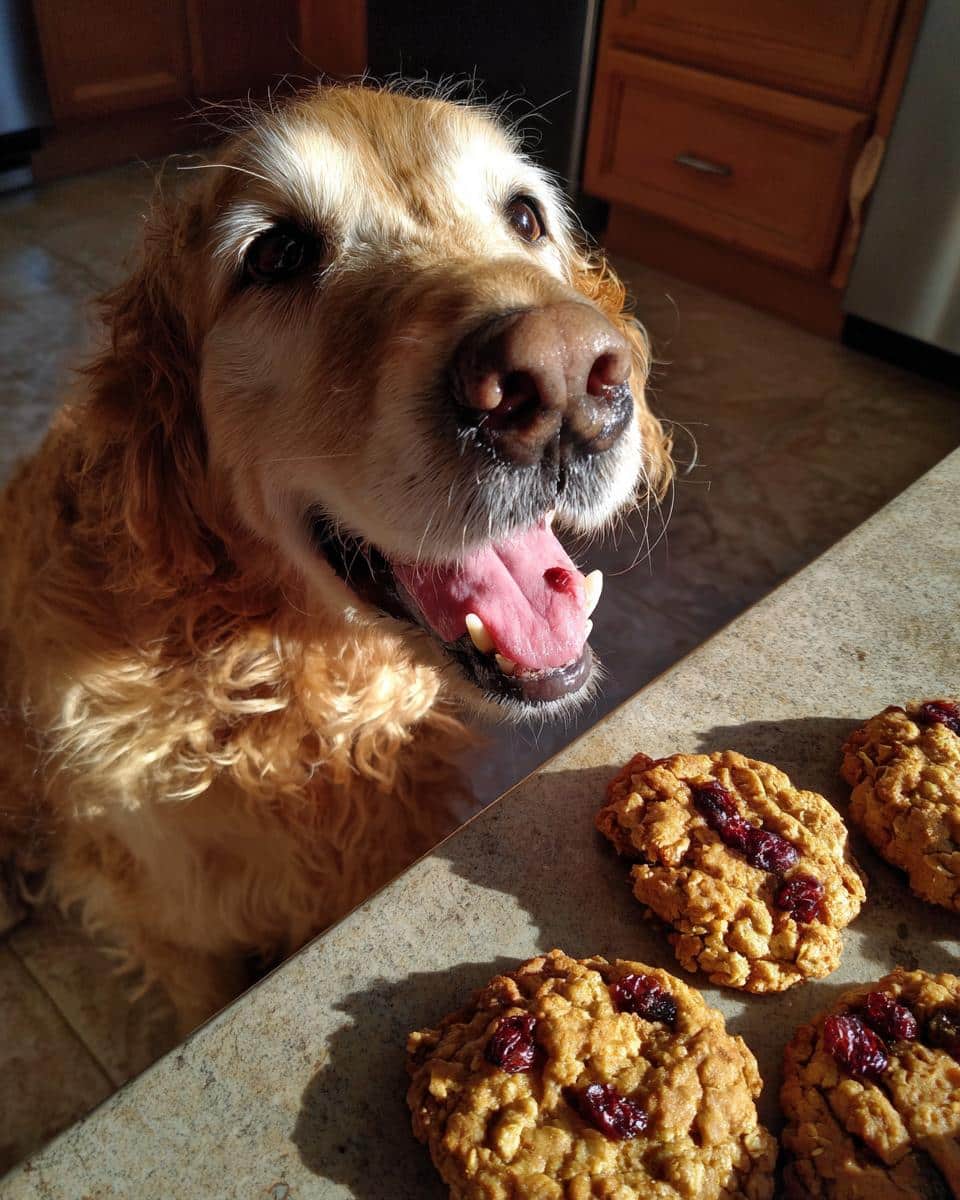 Golden retriever looking eagerly at Oatmeal Cranberry Cookies. Recipe for Dogs.