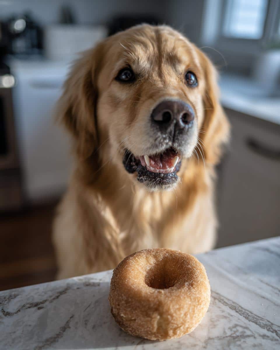 Golden Retriever looking at a Peanut Butter Apple Donut. Focus on the donut, with the dog in the background.