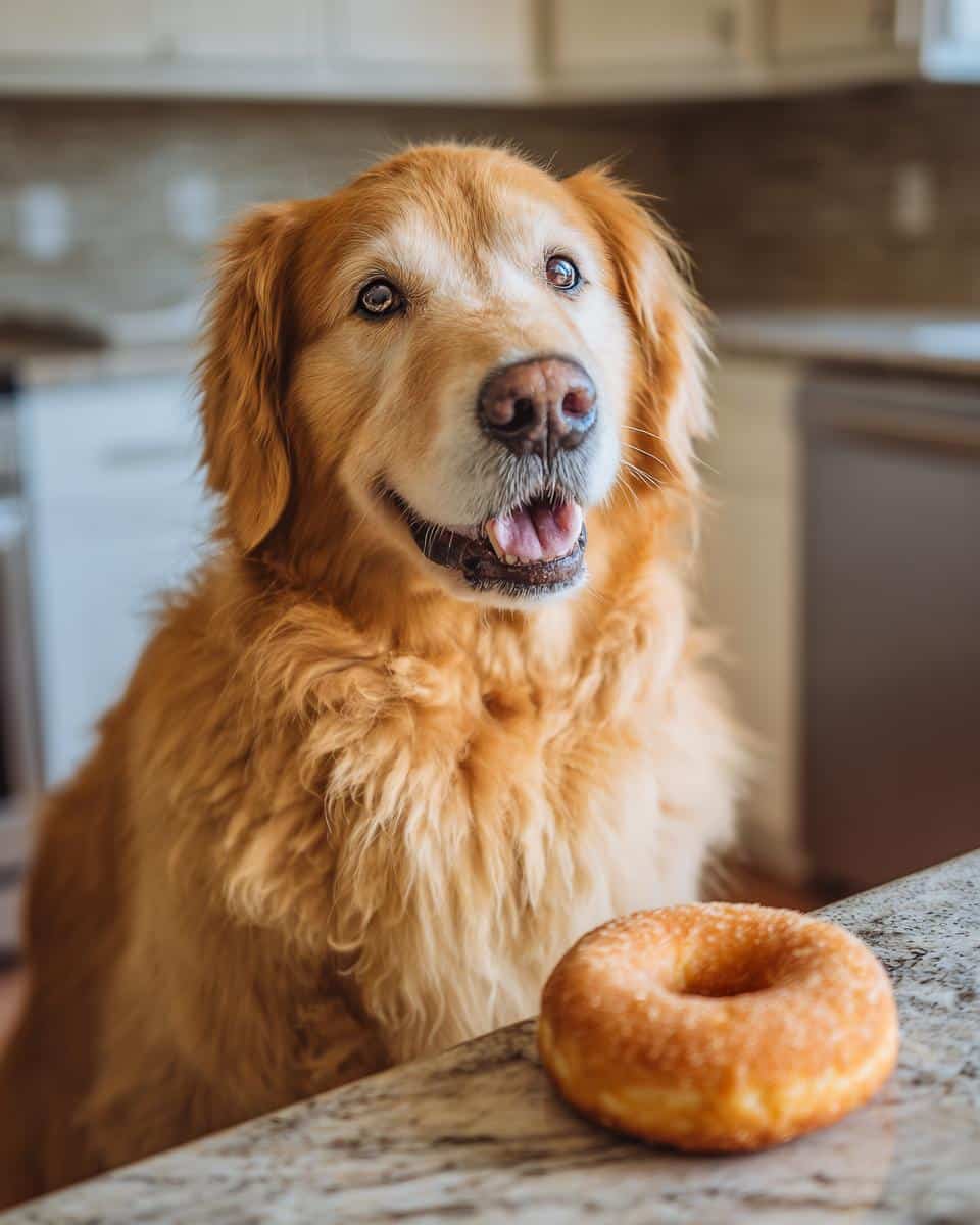 Golden Retriever looking at a Peanut Butter Apple Donut. Recipe for Dogs.