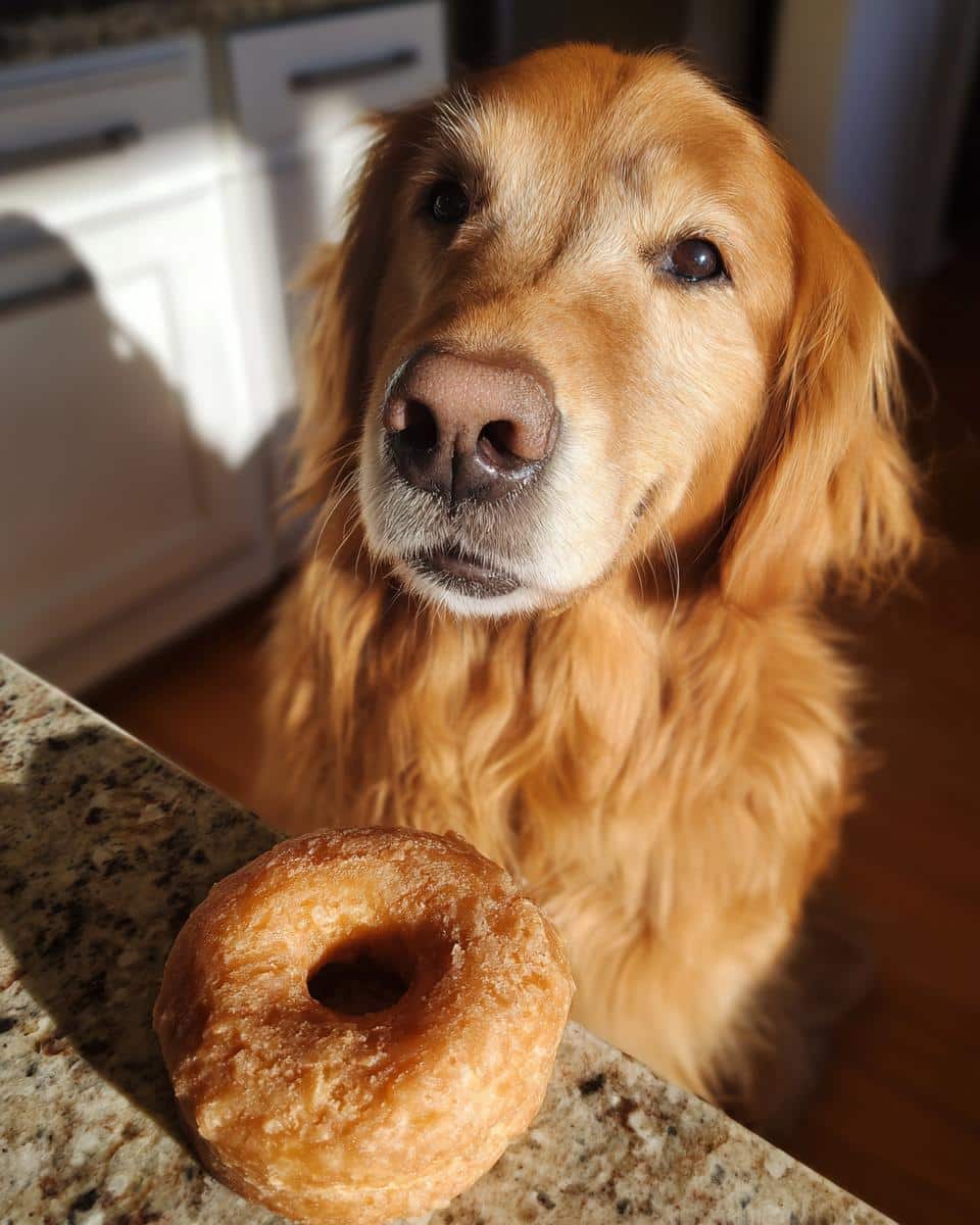 Golden retriever looking at a Peanut Butter Apple Donut. Recipe for Dogs.