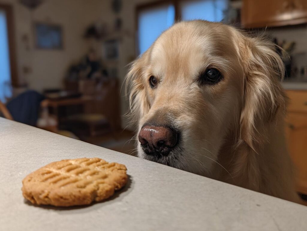 Golden retriever looking longingly at a Peanut Butter Banana Cookie on the counter.
