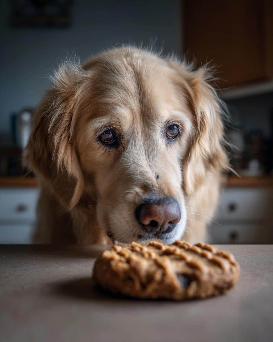 Golden Retriever dog looking at a Peanut Butter Banana Cookie. Homemade dog treat.