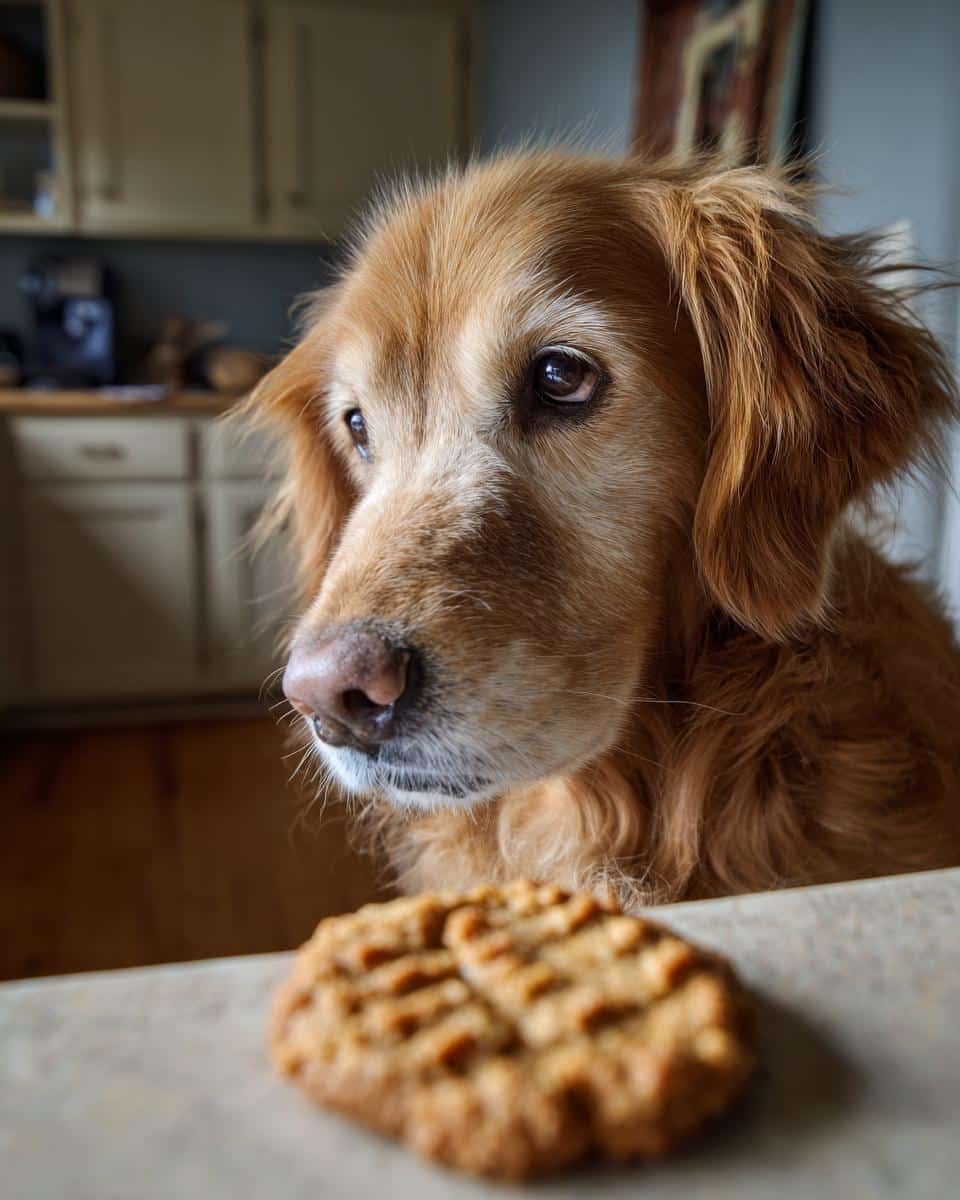 A golden retriever gazes longingly at Peanut Butter Banana Cookies. Recipe for Dogs.