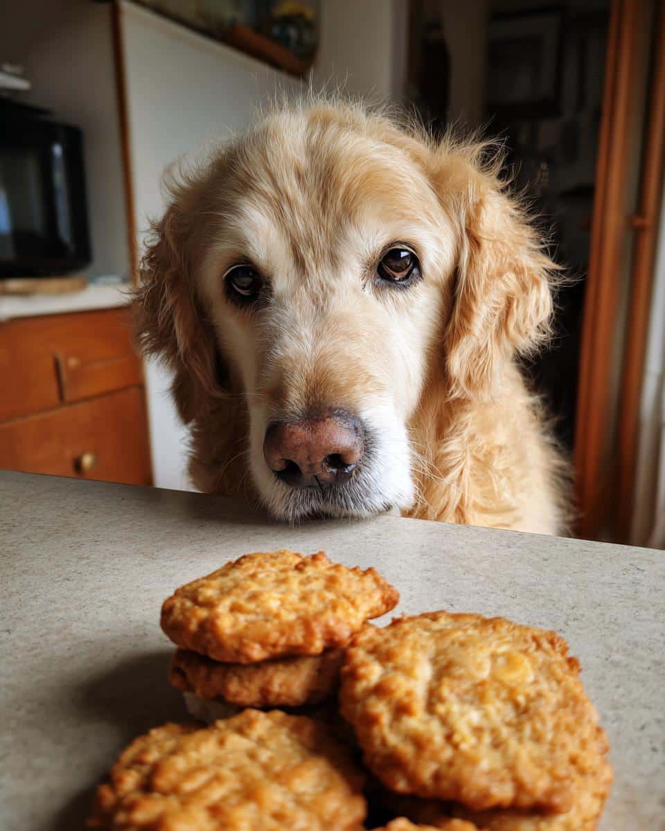 Golden retriever looking longingly at a stack of Peanut Butter Banana Cookies.