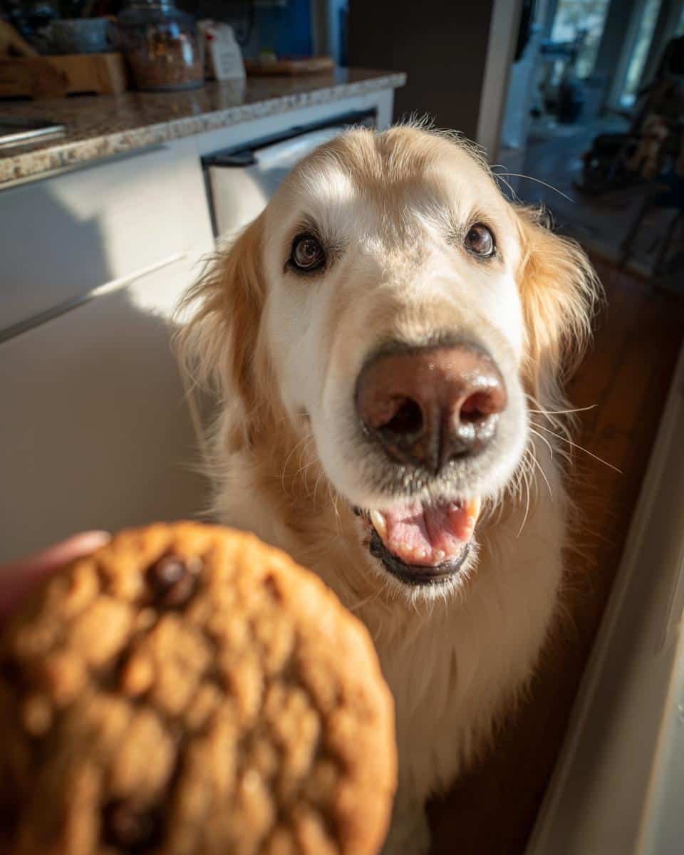 Golden retriever excitedly anticipates a Peanut Butter & Carob Cookie. Focus on the dog and treat.