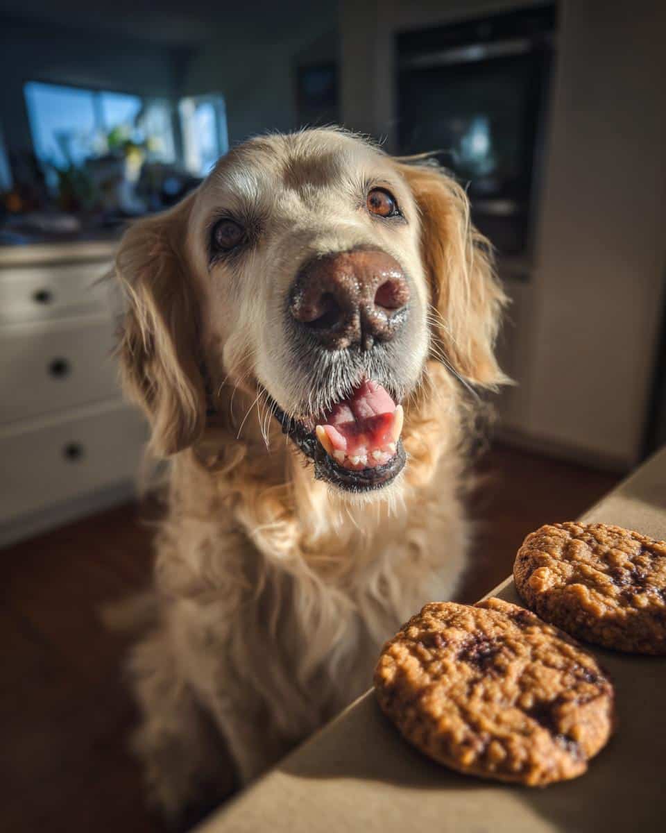 Golden Retriever eagerly awaits Peanut Butter & Carob Cookies. Dog food treat recipe.